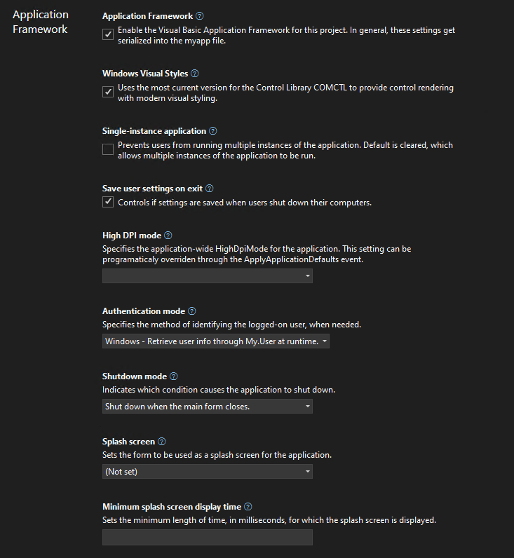 Screenshot of the new Visual Basic Application Framework project settings designer.