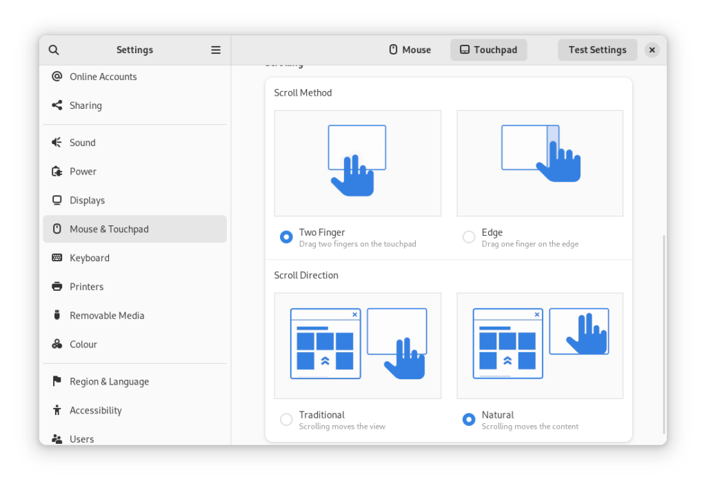The Mouse & Touchpad panel in the GNOME Settings app, showing the Touchpad settings.