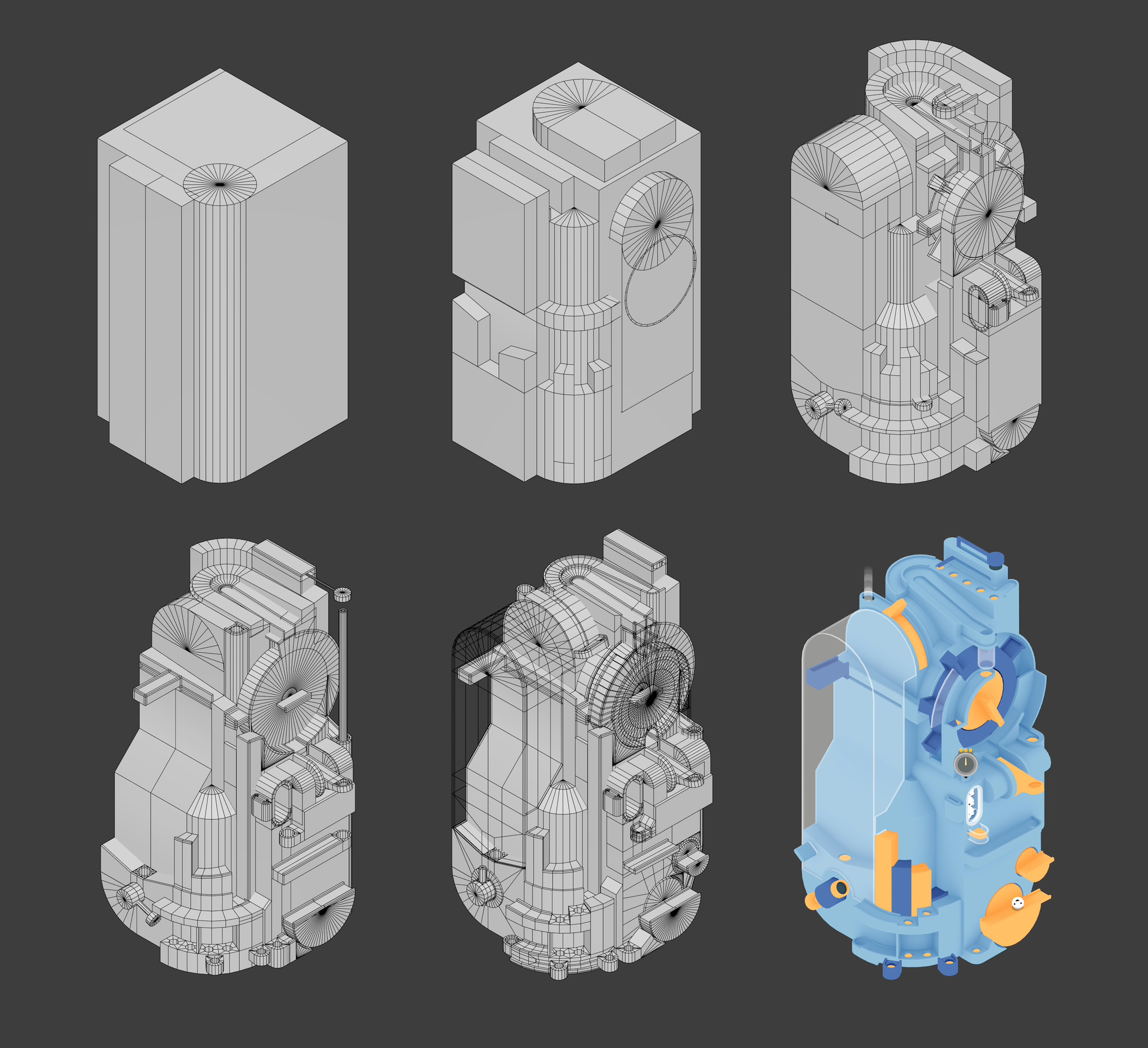 To create levels in *Automatoys*, Steffan Glynn worked directly in the 3D space, starting with a basic model (top left) and creating obstacles until he reached a finished whole (bottom right).