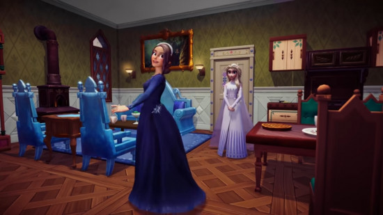Image of Disney Dreamlight Valley showing the player's character in a house with Elsa from Frozen
