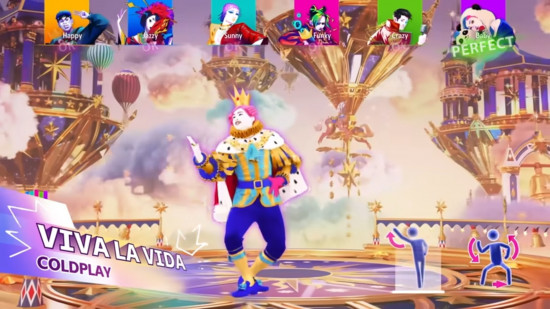 Image of Just Dance 2026 showing a character dressed like a mock king dancing on Viva la Vida by Coldplay