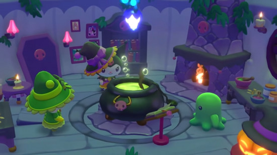 Image of Hello Kitty Island Adventures showing several characters around a cauldron in a witchy setting