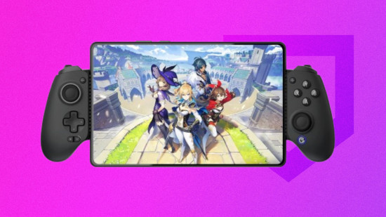 Mobile Black Friday 2025: Genshin Impact playing on a tablet connected to a controller in front of a purple background