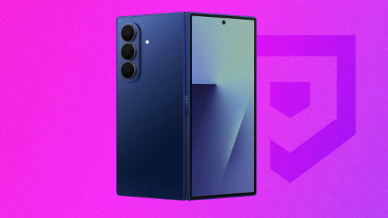 Mobile Black Friday 2025: a blue foldable phone in front of a purple background