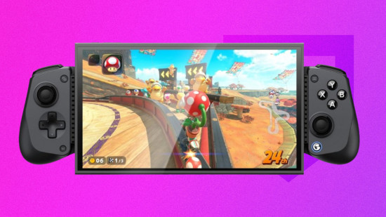 Mobile Black Friday 2025: a Switch with Mario playing connected to a controller in front of a purple background